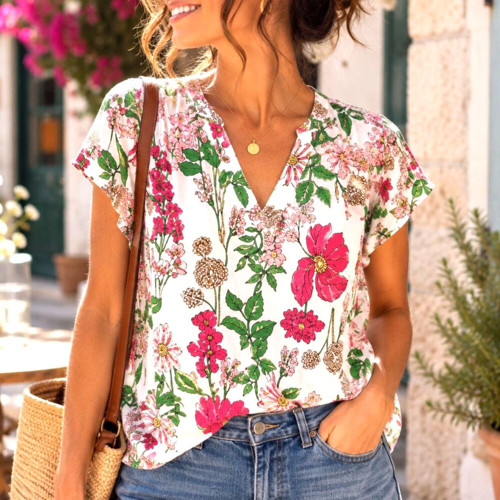 Floral V Neck Flutter Sleeve Blouse Women's Pink Green Botanical Cottagecore Top